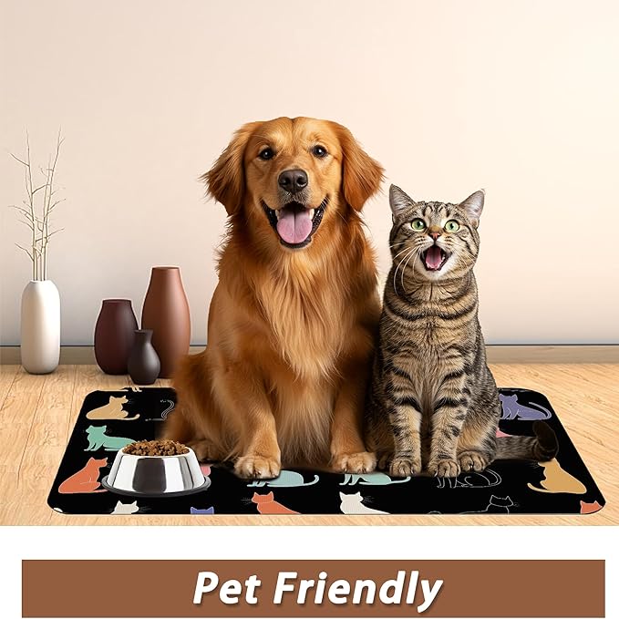 Cute Cat Dog Food Mat,Colorful Silhouette Absorbent Pet Feeding Mat with Rubber Backing,Non-Slip Water Bowl Placemat,Indoor Pet Accessories Supplies 12"x20"