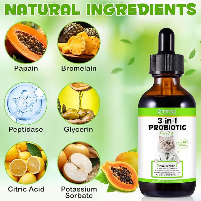 Probiotic for Cats, Natural 3 in 1 Cat Probiotic Drops Helps to Relieve Diarrhea, Supports Gut Health, Itchy Skin Relief, Allergies & Immunity, Digestive Enzyme Cat Supplement Drops - 60 ml / 2 fl.oz