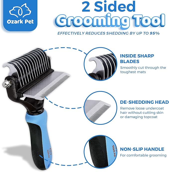 Dog Brush and Cat Brush-with Deshedding Brush, Dog Dematting Tools, Undercoat for Dogs, Deshedding Tool, Reduce Shedding Up To 95%, for Short to Long Hair, and Large Breeds by Ozark Pet (Blue L)