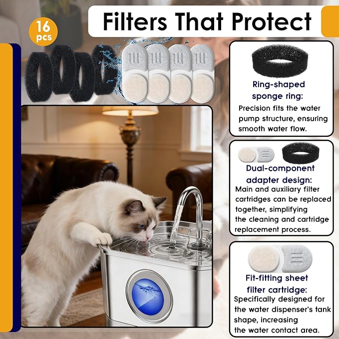 16+16 Pack Cat Water Fountain Filters Replacement Set Compatible with APAUK Stainless Steel 108oz/3.2L Pet Water Dispenser, Includes 16 Filters & 16 Sponges for 6-Month Supply