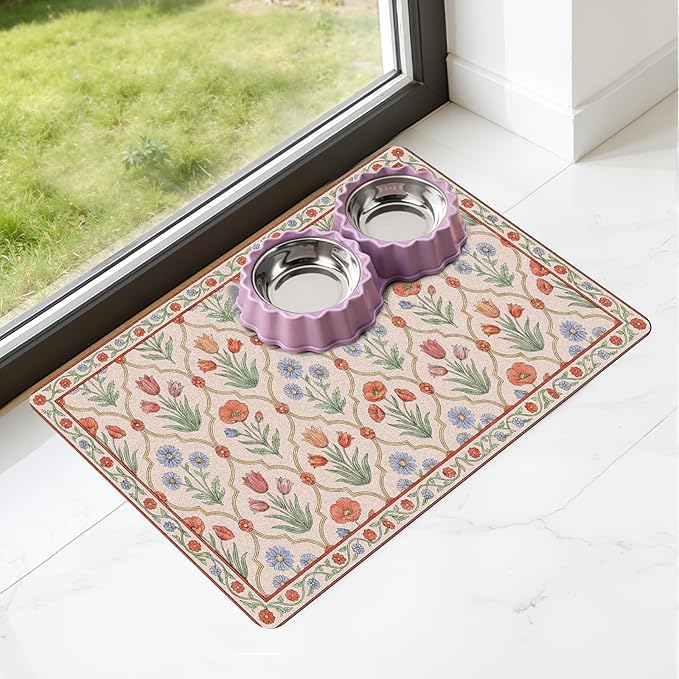 Dog Bowl Mat for Food and Water - Hamdwerk Absorbent Anti Slip Cat Feeding Mats for Floors, Quick Dry Pet Dog Feeding Matts, Diatomite Pet Dish Placemat Supplies, Vintage Floral Style, 12 * 20in