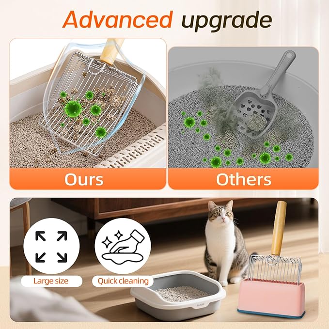 Metal Cat Litter Scoop Kitty Metal Scooper with Hook and Hole, Heavy Duty Stainless Steel Shovel with Wooden Stainless Steel Kitten Poop Lifter for Litter Box(Gray)