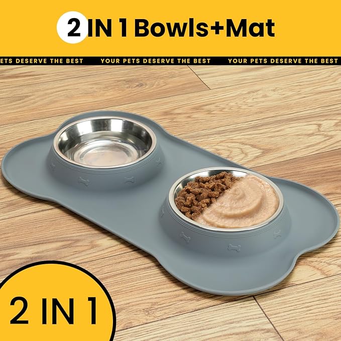 Dog Bowls with Non-Slip Silicone Mat, Spill Proof Large Food & Water Bowls Set, Easy Clean Dog Food Dish, Dishwasher Safe, Suitable for Dogs Cats Pet Under 90lbs, Large, Grey