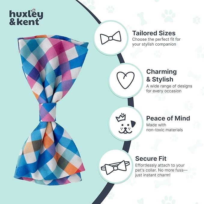 Huxley & Kent Pet Bow Tie for Dogs & Cats - Adjustable Hook & Loop Collar Accessory - Cute & Comfortable for Holidays & Celebrations - Blue/Green Check, Large