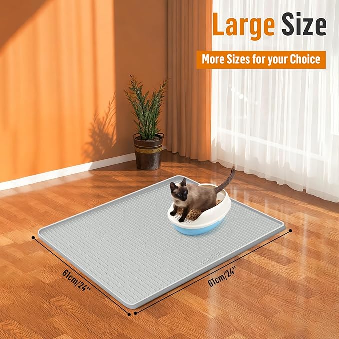 Silicone Cat Litter Mat, 24" x 24" Large Cat Litter Box Mat Litter Trapping Mat for Scatter Control, Waterproof, Soft on Kitty Paws, Clean Floor (Grey)