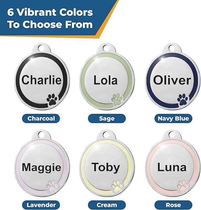 GoTags Stainless Steel Pet ID Bone Round and Heart Shaped Tags with Enamel Paw Design, Personalized Dog and Cat Tags, up to 5 Lines of Custom Text, Engraved on Both Sides (Sage, Regular Round)