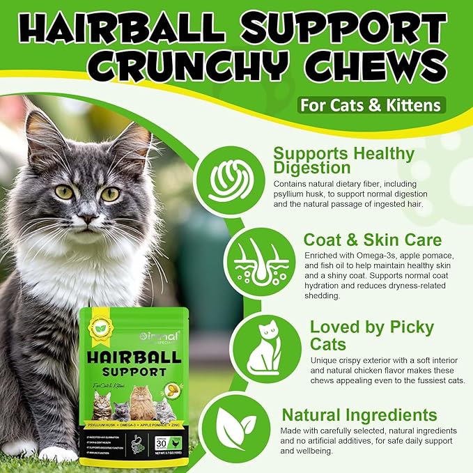 Hairball Treatment for Cats & Kittens, Cat Hairball Support Crunchy & Creamy Chews for Cats,Hairball Control & Relief Treats with Cat Grass,Apple Pomace & Omega-3 Fish Oil,Supports Healthy Skin Coat