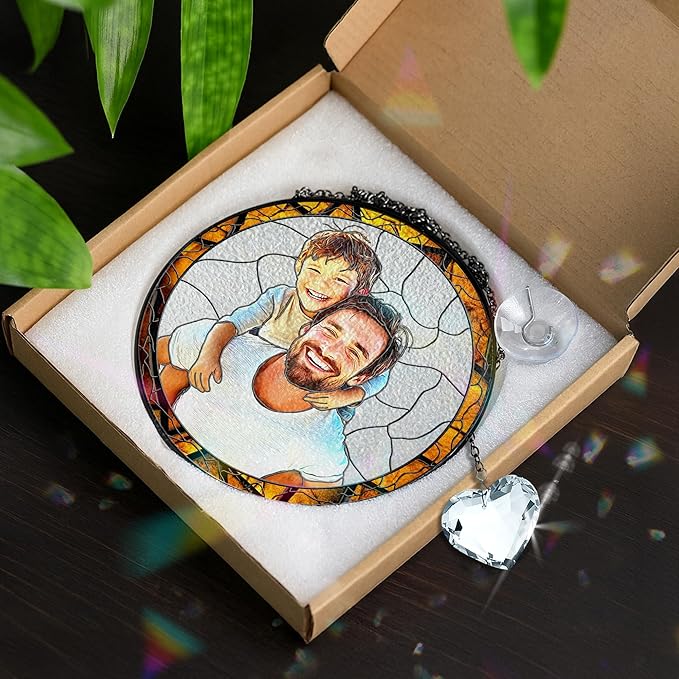 Personalized Dad Stained Glass Suncatcher, Photo Family Stained Glass Window Hanging Decoration, Custom Photo Gift for Dad from Son Daughter, Birthday Gift for Grandpa, Papa, Uncle