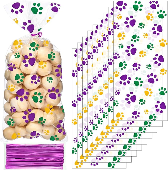 Blulu 100 Pieces Dog Treat Bags Puppy Party Favor Pet Paw Cone Cellophane Bags Candy Heat SealableDog Paw Gift with 100 Pieces Silver Twist Ties for Pet Cat Treat Party Favor(Carnival Colors)