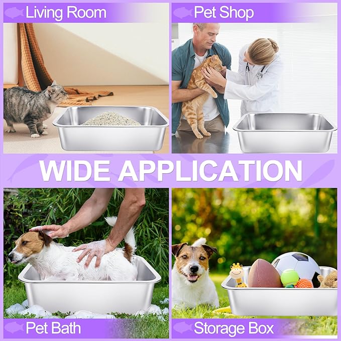 Stainless Steel Cat Litter Box Small 15.7" L x 11.8" W x 3.9" H Metal Litter Box Low Entry Kitty Cat Litter Pan Rustproof, No Smell for Rabbits, Newborn Cats, Ferrets, Guinea Pigs and Hamsters (S,1P)