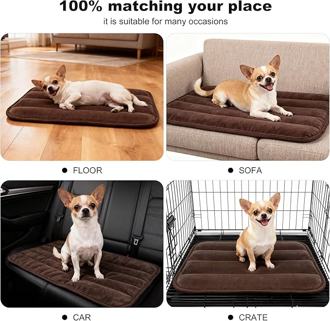 Dog Crate Pad, Ultra Soft & Anti-Slip Kennel Mat, Secure Fit for Metal Crates & Dog Cages, Washable Cozy Bed for Small Medium Large Dogs (Dark Brown, S(23"*14"*1.5"))