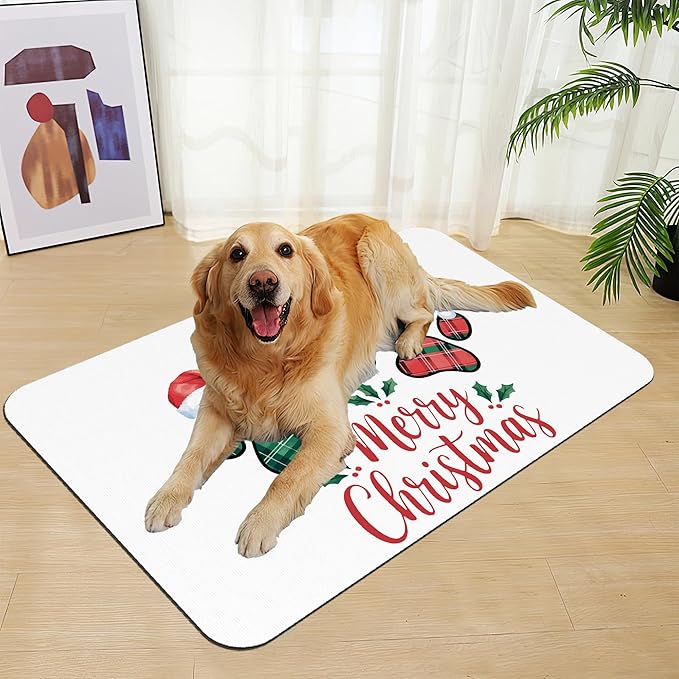 Dog Christmas Dog Food Mat–Christmas Stocking Absorbent Quick Dry Feeding Placemat for Food and Water Bowls, Non Slip Rubber Backing, Waterproof Pet Supplies for Mess-Free Eating 12"x20"