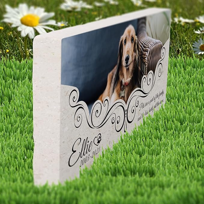 Custom Dog Memorial Stone, Personalized Pet Headstones for Dogs, Outdoor Pet Grave Markers with Photo Print and Text, Loss of Pet Sympathy Gift, 12”x6”x1.25" Pet Grave Stone (D. Ellie Design)