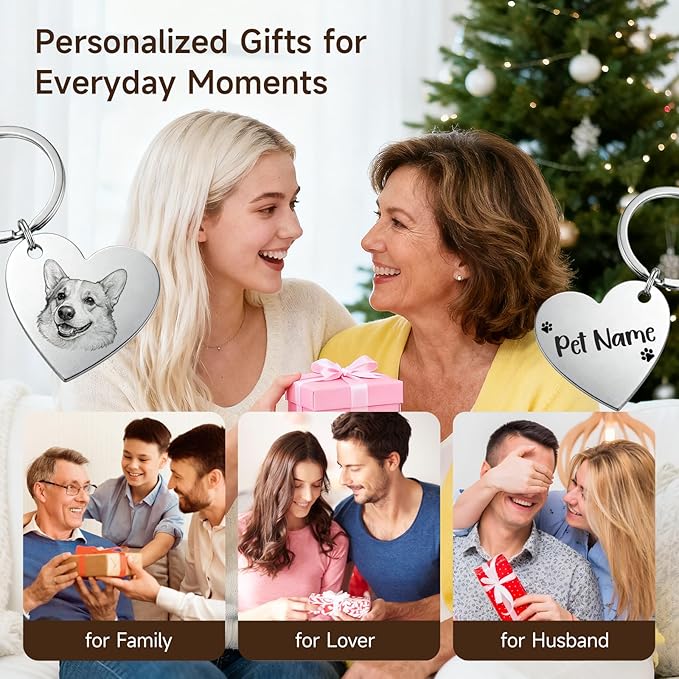 Custom Dog or Cat Portrait Keychain, Personalized Photo Engraved Keychains with Name, Customized Pet Memorial Gifts for Loss of Pets (Heart Shape)