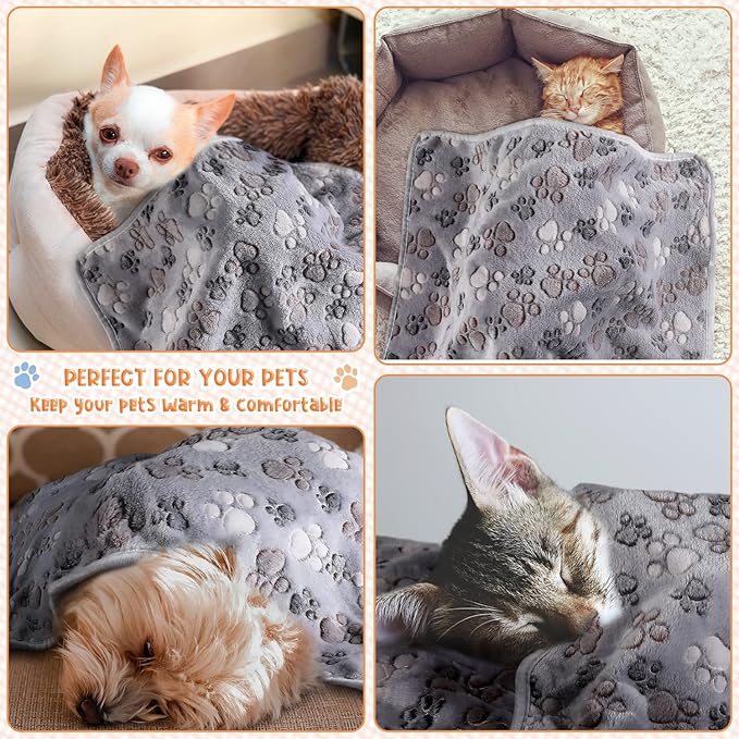 Tatuo 4 Pcs Dog Blanket for Pet Puppy Teething Toys Paw Print Fleece Blanket for Pet Cat Soft Warm Sleep Mat Guinea Pig Cage Mat(Medium(30 x 20.5 Inch),Gray)