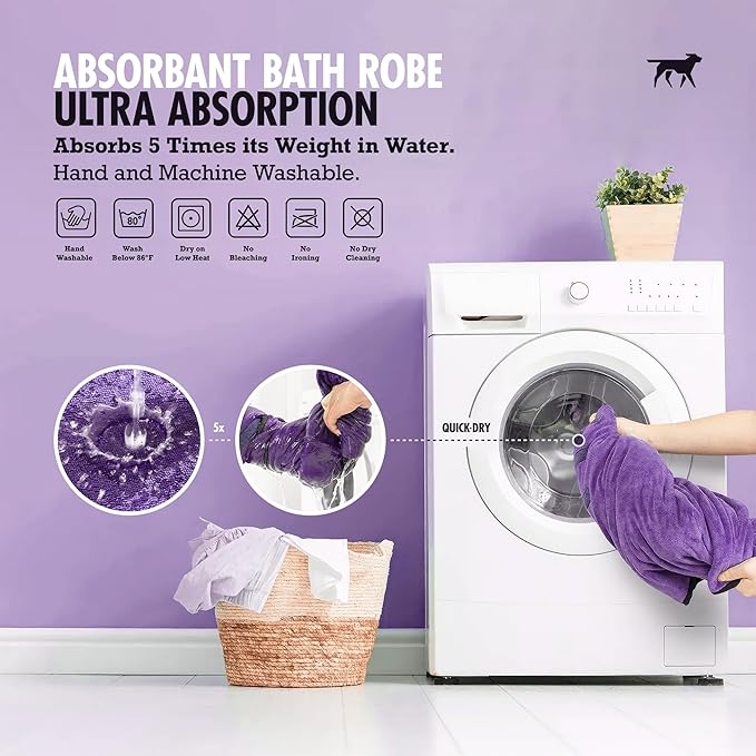 Tuff Pupper Fast Drying Dog Bath Robe | 800 GSM Plush Dog Towel Bathrobe/Dressing Gown | Super Absorbent Pet/Puppy Bathrobe | Adjustable Hood & Belly Strap | Super Soft | Fast Drying (XS, Purple)