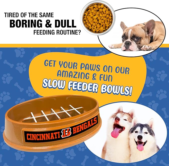 NFL Super-Bowl - Cincinnati Bengals Slow Feeder Dog Bowl. Football Design Slow Feeding Cat Bowl for Healthy Digestion. Non-Slip Pet Bowl for Large & Small Dogs & Cats
