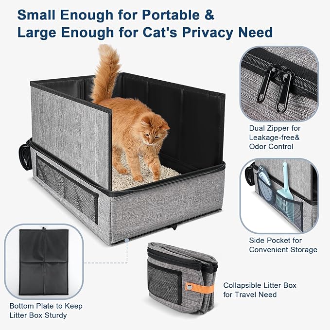 17.7''x 13.5''x 13.7" Travel Litter Box for Cats, Collapsible Cat Litter Box with Lid, Portable Cat Box with Zipper & Hard Bottom, Leak-Proof Kitty Litter Pan for Car Hotel Airplane, Water-Resistant