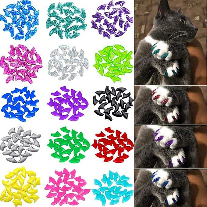 VICTHY 160pcs(16 Colors) Cat Nail Caps Cat Claw Caps Cat Nail Covers with Adhesives and Applicators (Small)