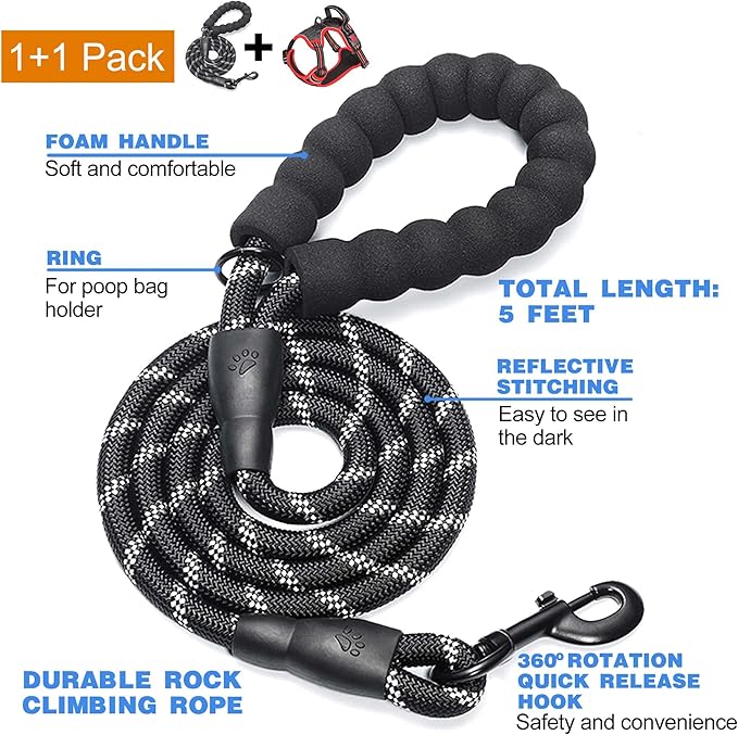 No Pull Dog Harness Adjustable Reflective Oxford Easy Control Medium Large Dog Harness with A Free Heavy Duty 5ft Dog Leash