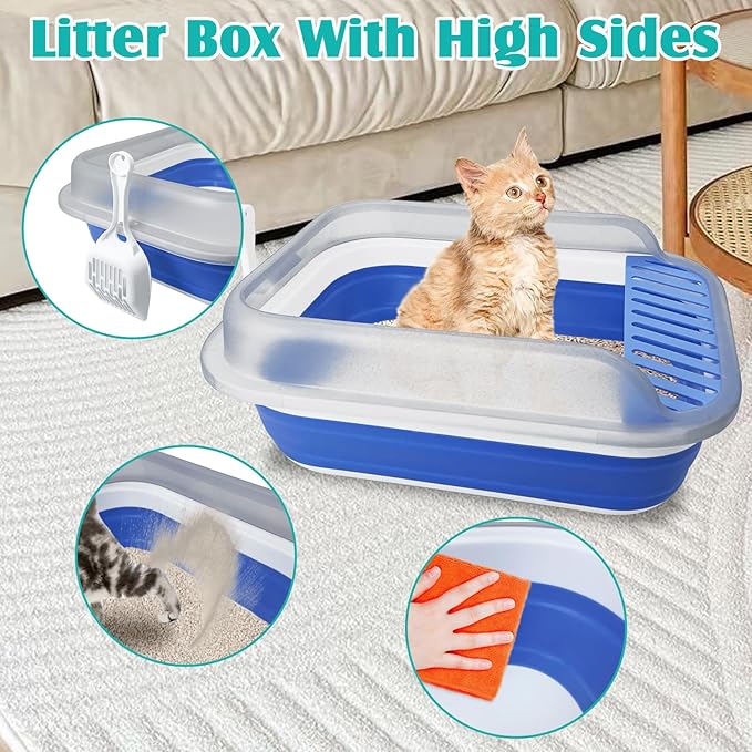 VCEPJH Collapsible Litterbox with High Sides Small Cats Litter Pan with Scoop Open Cat Litter Box Portable Travel Kittens Toilet Kitten Starter Kit for Kittens Adult Cat Elderly Cats (Blue)
