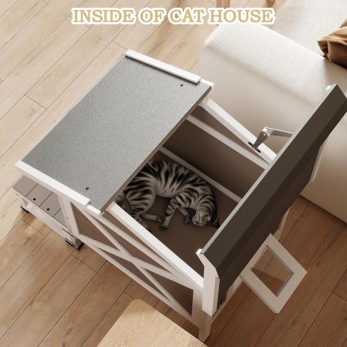 Cat House with Dual Escape Doors,Fir Wood Feral Cat Shelter for 1-2 Cats with Large Balcony,Weatherproof Feral Cat Enclosure with Elevated Floor|Openable Roof for Indoor Outdoor,Grey
