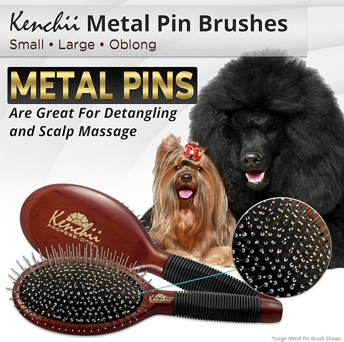 Kenchii Pet Grooming Metal Pin Brush for Dogs and Cats, Size Large, Solid Wood Handle, Non Slip Grip, Detangling and Shedding Brush for Long or Short Haired Pets, All Hair Type