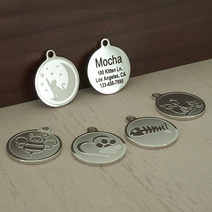 Ultra Joys Engraved Cat Name Tags Personalized - Stainless Steel Name Tag Pet Identification - Small Dog ID Tags Personalized for up to 4 Lines of Text - Pet ID Tags for Cat Collar - Owl