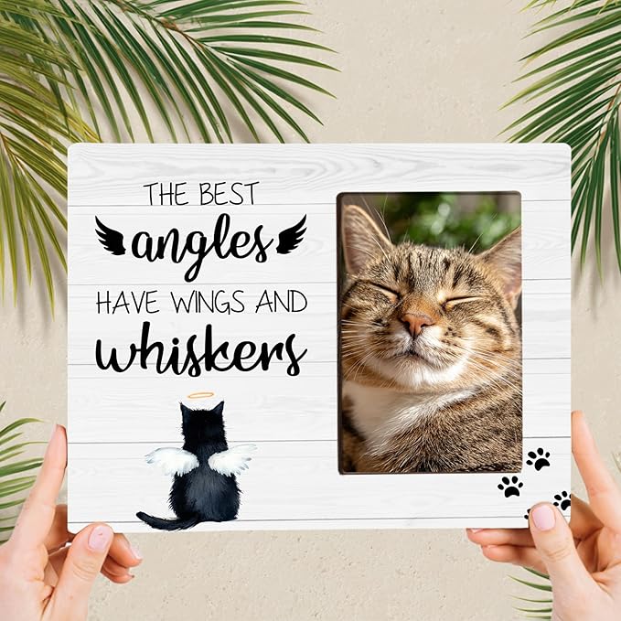 Cat Memorial Gifts for Loss of Cat, Angels Have Wings And Whiskers, Pet Memorial Wooden Picture Frame Sympathy Gifts, Fits 4x6 Photo Frame