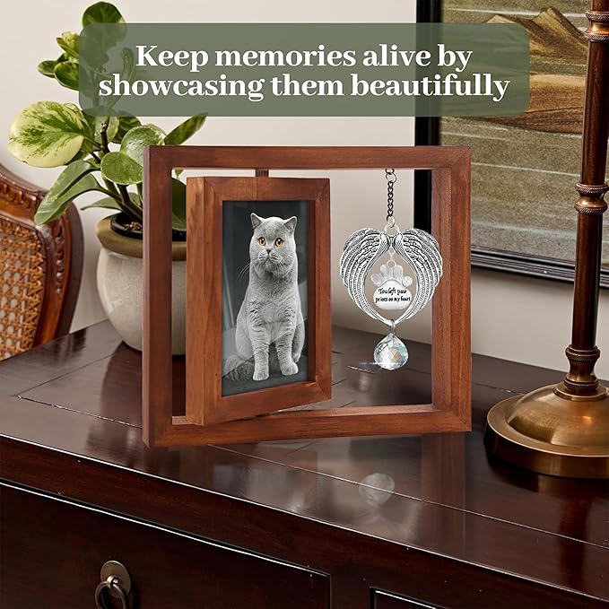 Rotating Wooden Picture Frame 4x6 Photo Pet Angel Wings Memorial Ornament Crystal Rainbow You Left Pawprints on My Heart, Dog Cat Bereavement Remembrance Gifts, In Loving Sympathy Pet Frame PR-4W