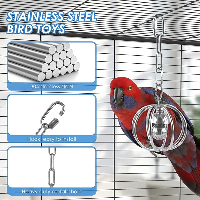 Heavy-Duty Stainless Steel Bird Toy for Parrots, Durable Hollow Foraging Ball with Detachable Chain, Chew-Proof Parakeet Training Toys for Macaws, Amazons, Eclectus, African Greys, Cockatoos