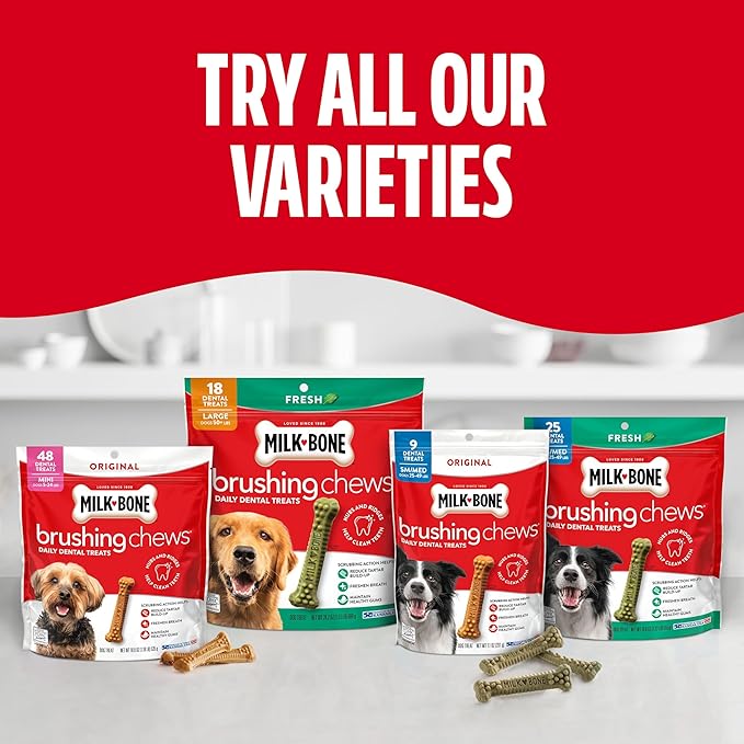 Milk-Bone Brushing Chews Original Chicken Flavor Daily Dental Dog Treats, Small/Medium, 7.1 Oz. Bag (Pack of 5) Dog Treats, Fresh Breath, Small/Medium, 7.1 Oz. Bags, 9 Bones Per Bag (Pack of 5)