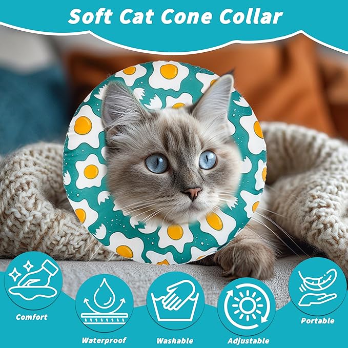 Soft Cat Cone Collar, Cute Cats Recovery Collar Suitable for Small, Medium, Large cat,Elizabethan Neck Collar for Cats After Surgery (Poached Egg, Medium)