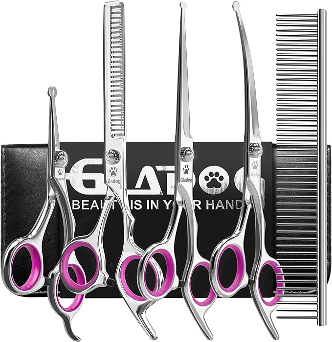 GLADOG Dog Grooming Scissors Kit with Safety Round Tips, Professional 6 in 1 Grooming Scissors for Dogs, Sharp and Heavy-duty Dog Grooming Shears for Dogs Cats Pets (Pink)