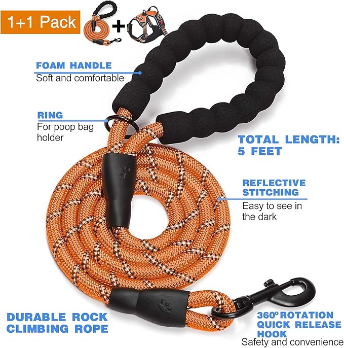 No Pull Dog Harness Adjustable Reflective Oxford Easy Control Medium Large Dog Harness with A Free Heavy Duty 5ft Dog Leash