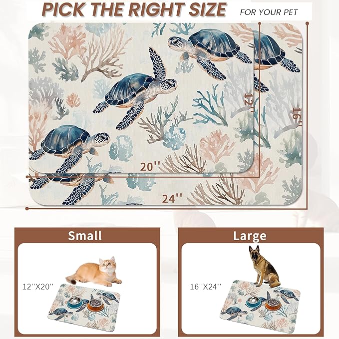 Turtle Dog Cat Food Mat,Coral Absorbent Pet Feeding Mat for Food and Water,Non-Slip Dog Bowl Mats Floor Protector 16"x24"