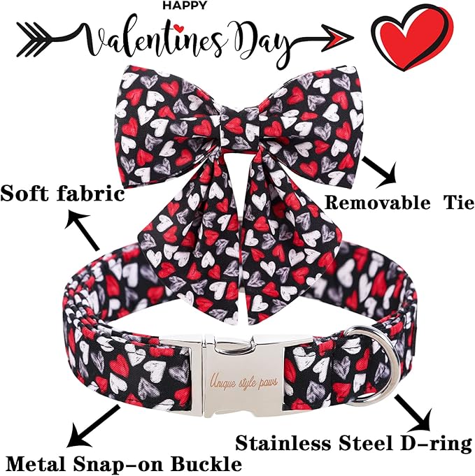 Unique style paws Valentine's Day Dog Collar with Tie Black & Red Heart Puppy Collar Best Gothic Style Gift for Small Medium Large Boys Girls-L