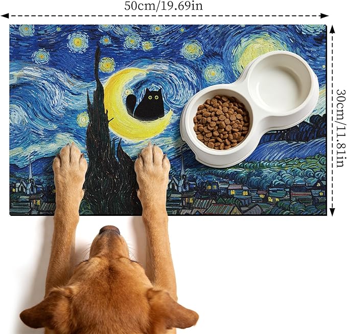 Dog Food Feeding Mat - Absorbent Diatomite Pet Dog Cat Bowl Mats for Food and Water, Anti Slip Dog Bowl Placemat for Floors, Quick Dry Pet Dish Matts Supplies, Black Cat Style, 12 * 20in