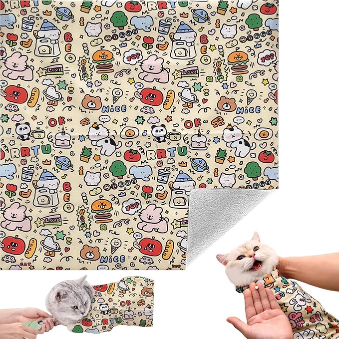 Cat Grooming Wrap, 27inch Self-Adherent Soft Cat Blanket to Wrap, Fabric Burrito Wrap for Nail Clipping, Anti-Scratch, Anti-Escape,Multifunctional Swaddle Wrap Pet Tool (Cute Prints)
