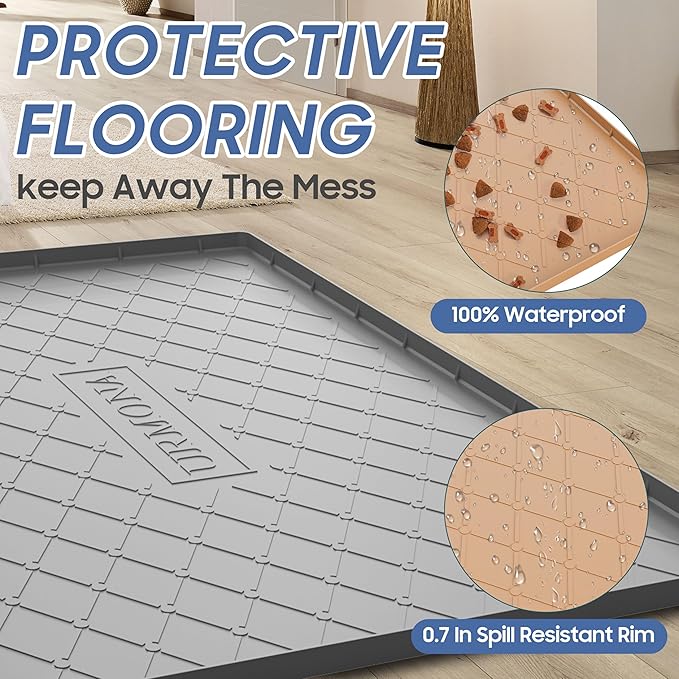 URMONA Large Dog Food Mat, 28" x 22" Pet Food Mat, Waterproof Dog Cat Food Mat with Raised Edges, Silicone Pet Food Mat, Dog Accessories, Prevents Food Spills, Protects Floors（Khaki）