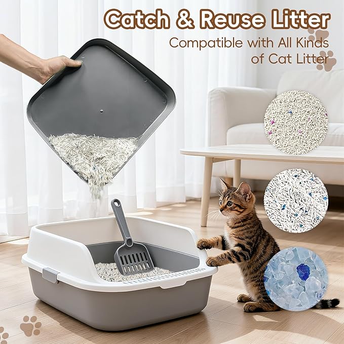 Elevated Litter Box Ramp/Steps for Kittens & Old Cats,Washable Litter Catcher Stairs for Automatic Cat Litter Box,Anti-Tracking Cat Litter Mat Pedal with Filter,Easy to Clean (Dark Grey)