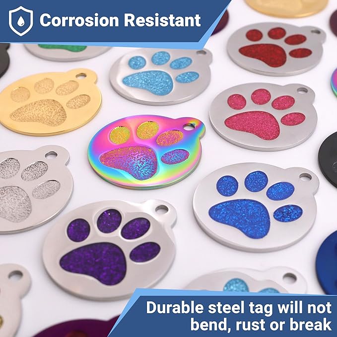 GoTags Paw Print Round Stainless Steel Pet Tag for Dogs and Cats, Personalized with 4 Lines of Custom Engraved ID Name and Number, in Stainless Steel and 15 Colors Small and Large, Purple