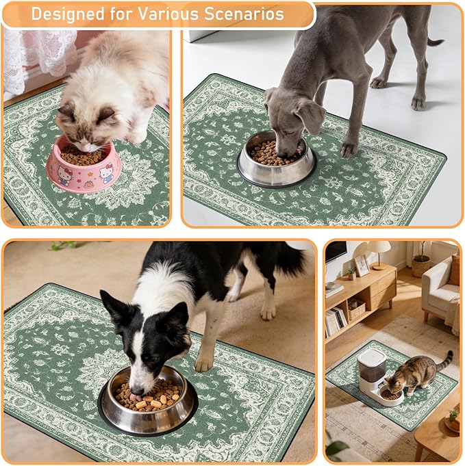 Dog Cat Food Mat - Absorbent Anti Slip Dog Bowl Mats for Food and Water, Quick Dry Cat Feeding Matts for Floors, Diatomite Pet Dish Placemat Accessories Supplies, Bohemia Style, 17 * 30in