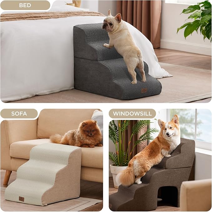 Joydeco Dog Stairs for Bed 22.8" H, 4-Step Pet Steps for Small Dogs and Cats, Dog Steps for High Bed, Non-Slip Balanced Ramp Indoor Pet Stairs, Beige