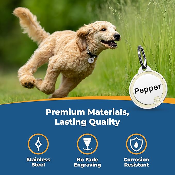 GoTags Stainless Steel Pet ID Bone Round and Heart Shaped Tags with Enamel Paw Design, Personalized Dog and Cat Tags, up to 5 Lines of Custom Text, Engraved on Both Sides (Navy Blue, Small Round)