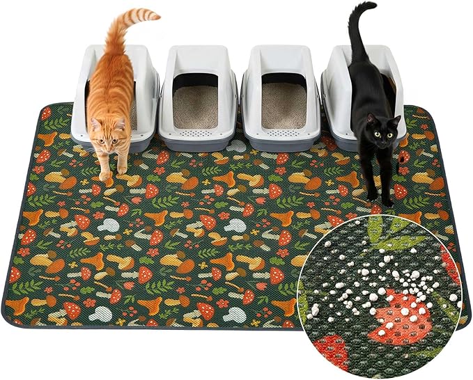 Unicorn Catcher 47X35in Cat Litter Mat Machine Washable Soft 3D Air Mesh Litter Box Rug Non-Slip Backing Quick Dry Scatter Control for Paws,Green Mushrooms