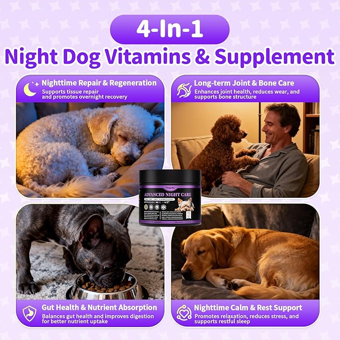 Dog Vitamins and Supplements for Nighttime Repair, Calming, Joint, Gut, Dog Multivitamin Powder for Homemade Food with Collagen, Glucosamine, GABA, Probiotics - Chicken Flavor, 75 Scoops