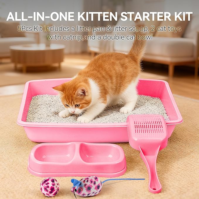 PAWISE Small Cat Litter Box Kit for Kittens – 5‑Piece Kit with Low Entry Litter Pan, Scooper, Feeding Bowls & Mouse Toy – Cat Starter Set for New Kitty Home, Pink