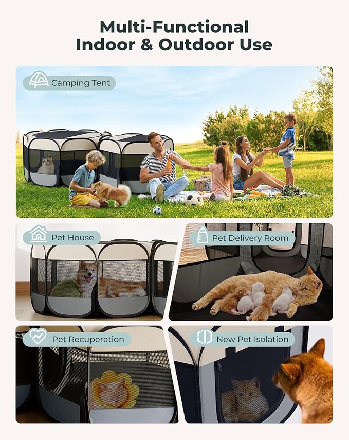 Cat Playpen, 60"x 24" Large Portable Puppy Playpen, 2-Room Foldable Dog Playpen for Indoor Outdoor Dogs, Cats, Small Animals with Carrying Case