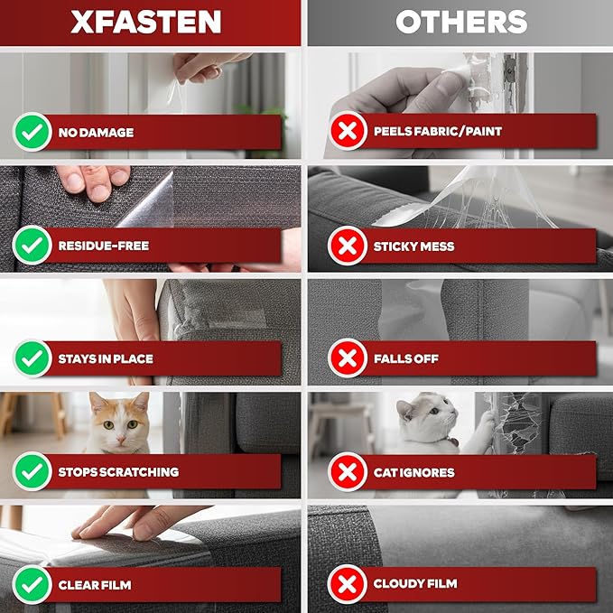 XFasten Double Sided Cat Tape for Furniture 2.5 Inches x 30 Feet, Clear Anti Cat Scratch Tape for Pets, Sticky Anti Scratching, Claw and Paw Deterrent Adhesive for Furniture Protector, Doors, Couches